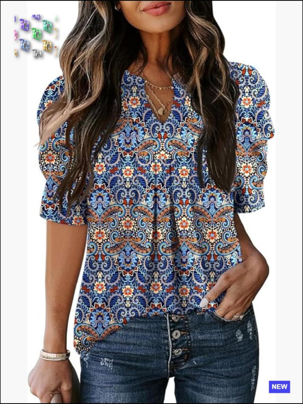 Puff Short Sleeve V Neck Blouse Loose Fit Summer Top Casual Tee Tunic